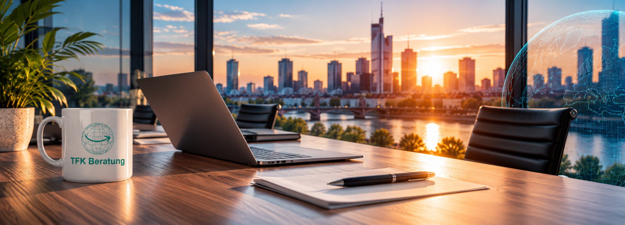 Moderner Arbeitsplatz mit Blick auf die Skyline