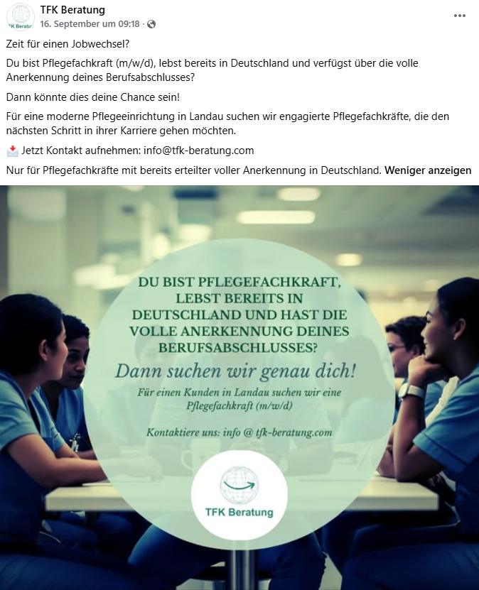 TFK-Facebook-Beitrag zur Suche nach anerkannten Pflegefachkräften in Landau